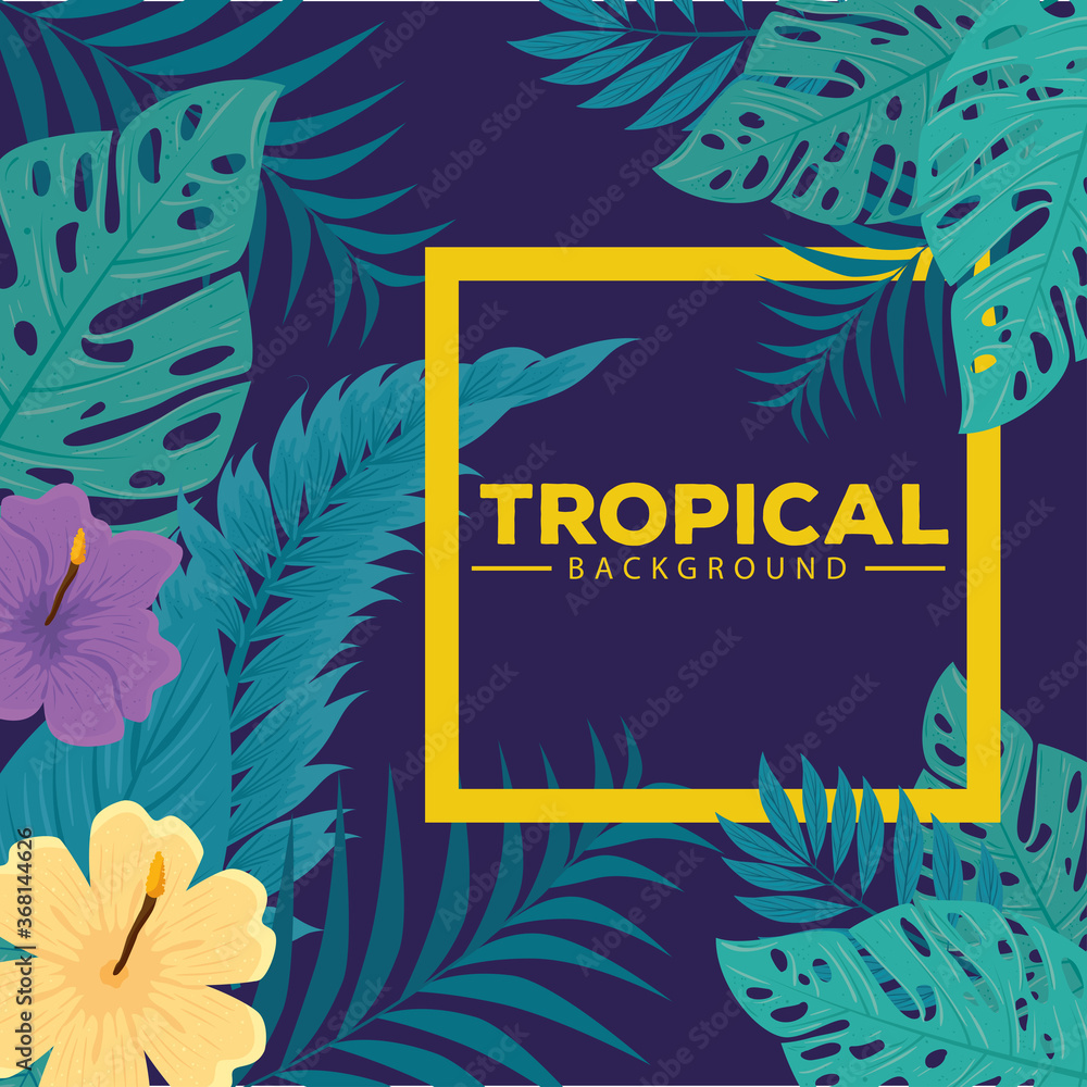 Fototapeta tropikalne tło, kolor żółty i fioletowy hibiskusa, z gałęziami i liśćmi roślin wektor ilustracja projektu