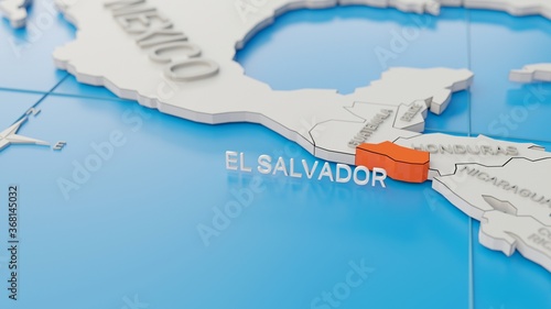 El Salvador highlighted on a white simplified 3D world map. Digital 3D render.
