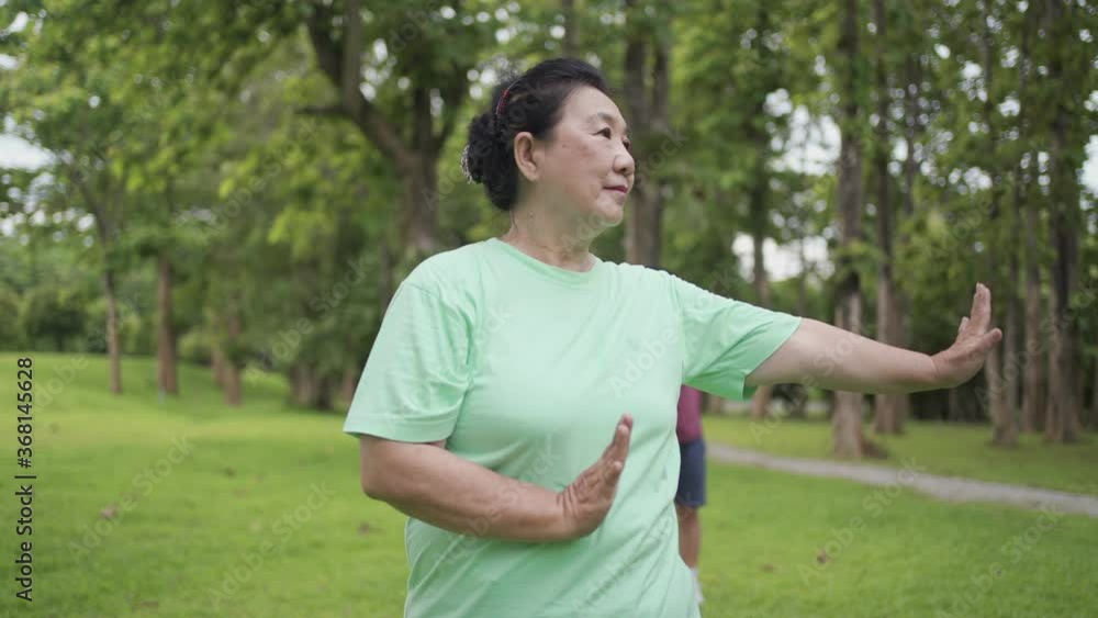 Asian middle age female practicing tai chi Chinese martial arts exercise at the green park with partner on Background, life after retired, slow movement, deep breath relax calm peaceful environment Asian middle age female practicing tai chi Chinese martial arts exercise at the green park with partner on Background, life after retired, slow movement, deep breath relax calm peaceful environment