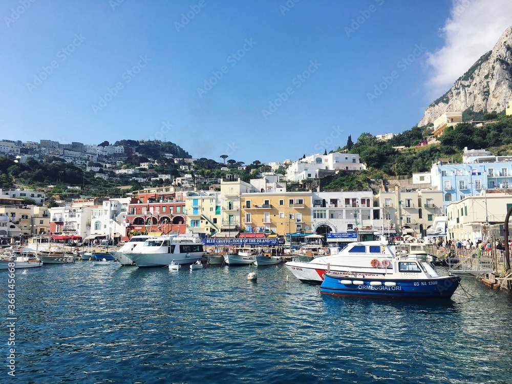 boats and yachts in bay, Capri, Italy, Amalfi Coast, Mediterranean, coastal town, island, cliffs