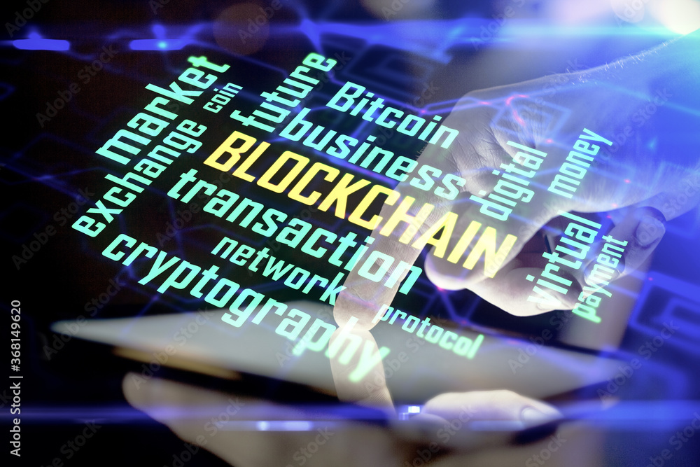 Double exposure of man's hands holding and using a phone and crypto currency blockchain theme drawing. Double exposure of man's hands holding and using a phone and crypto currency blockchain theme drawing.