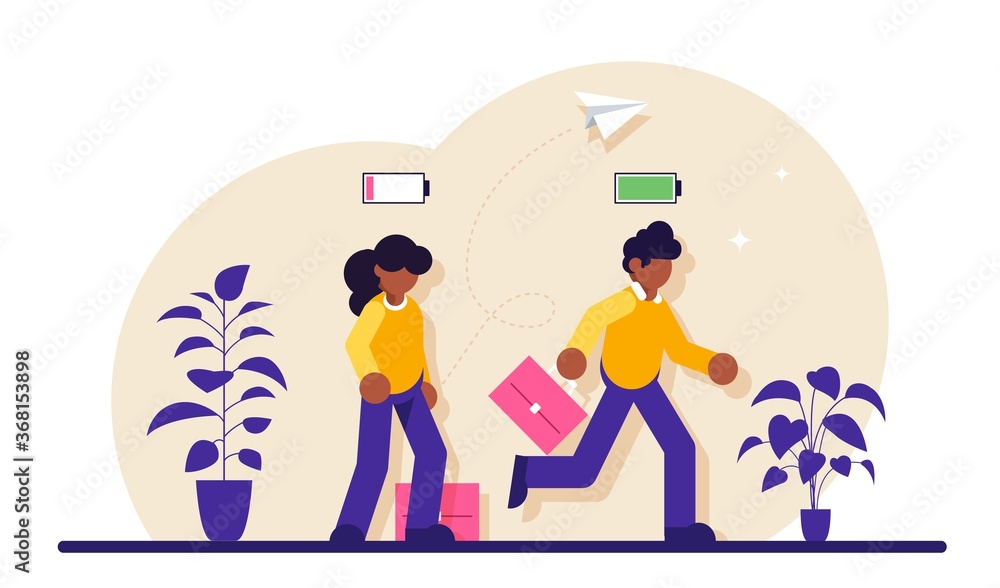 Business concept. Cheerful businessman running with full of energy battery icon and tired businessman slowly walking with low energy battery icon. Modern flat illustration. Business concept. Cheerful businessman running with full of energy battery icon and tired businessman slowly walking with low energy battery icon. Modern flat illustration.