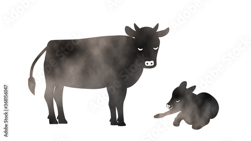水彩 牛の親子のイラスト 黒色