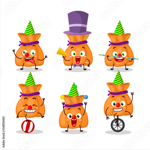 Cartoon character of orange candy sack with various circus shows