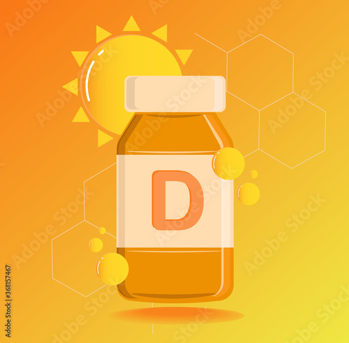 A bottle of vitamin D pills and capsule, supplement and nutrition source from nature, flat design vector
