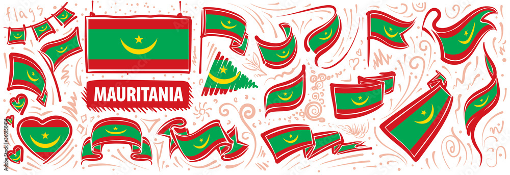 Vector set of the national flag of Mauritania in various creative designs Vector set of the national flag of Mauritania in various creative designs