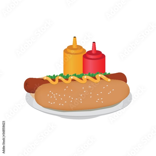hot dog with sauce bottles