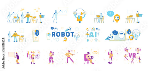 Set of Male and Female Characters Using Vr, Artificial Intelligence and Augmented Reality Technologies. Human and Robots