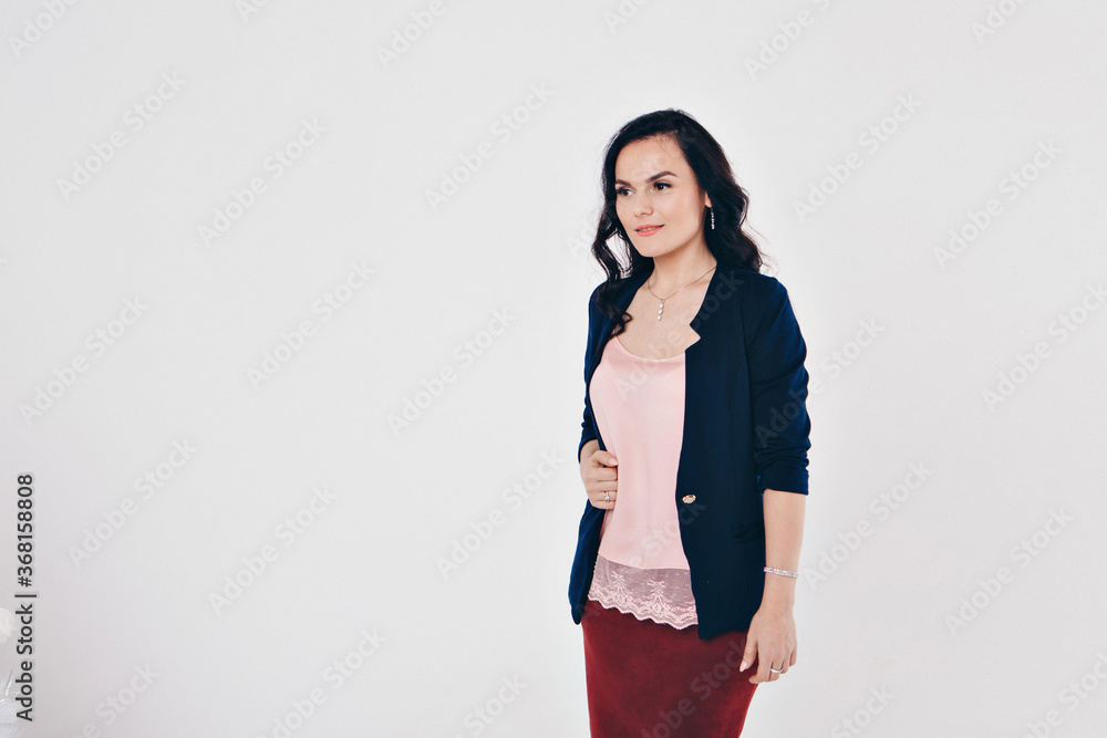 a woman in a business suit running and gesturing on white background. gestures and facial expressions a woman in a business suit running and gesturing on white background. gestures and facial expressions