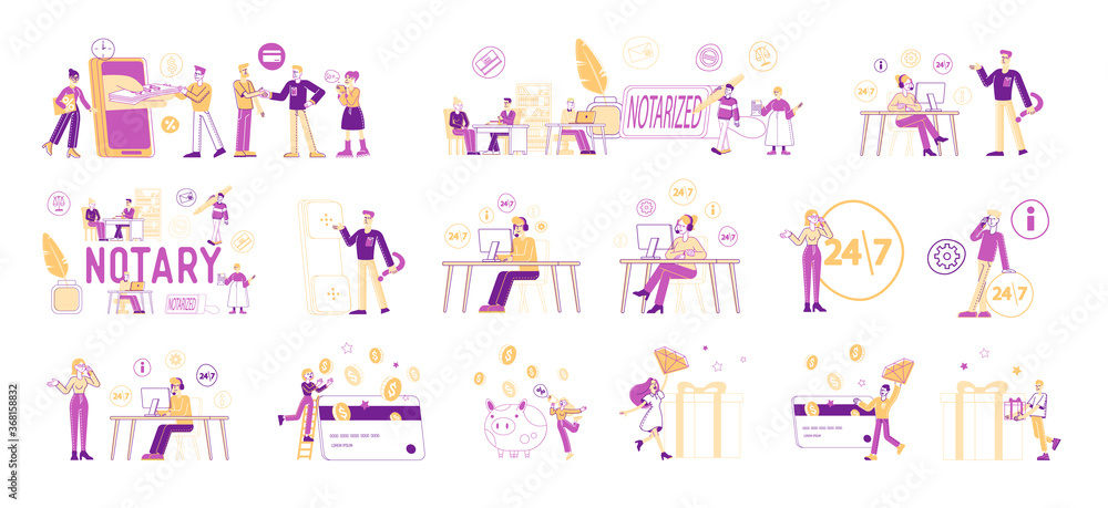 Set of Male and Female Characters Visiting Notary Office for Notarized Documents, Money Credit Online, Customers Support Set of Male and Female Characters Visiting Notary Office for Notarized Documents, Money Credit Online, Customers Support