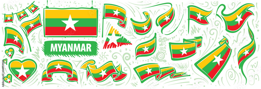 Vector set of the national flag of Myanmar in various creative designs