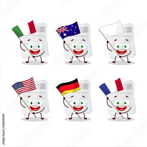 Essay paper cartoon character bring the flags of various countries