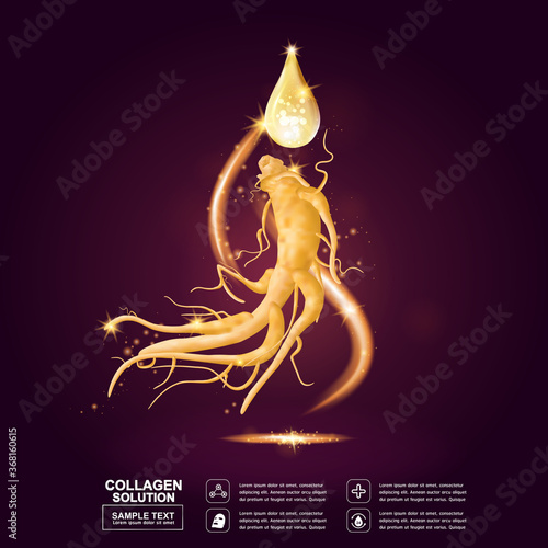 Ginseng Collagen Serum and Vitamin Vector Background Concept Skin Care Cosmetic.