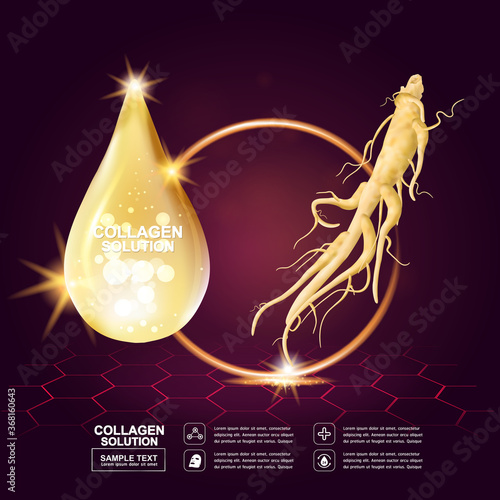 Ginseng Collagen Serum and Vitamin Vector Background Concept Skin Care Cosmetic.