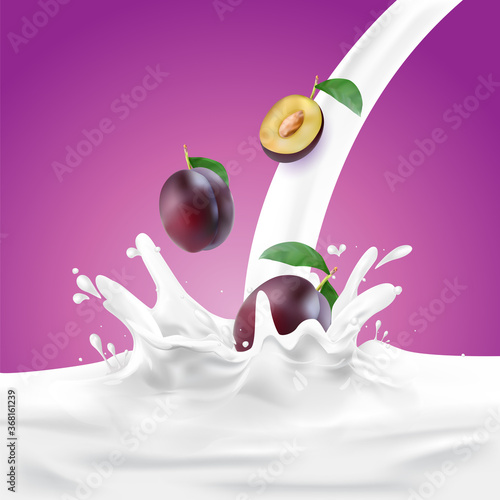 Prune Milk, yogurt splashing vector concept
