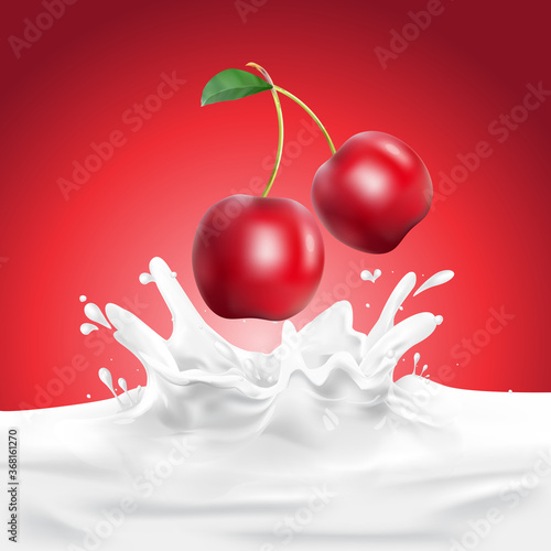 Cherry Milk, yogurt splashing vector concept