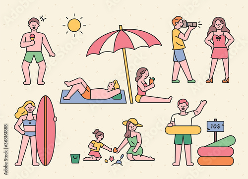 Vacationers are enjoying their vacation on the summer beach. flat design style minimal vector illustration.