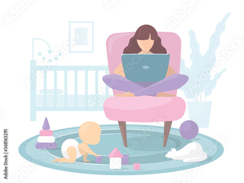 Young mom working from home at the computer. The child plays on the floor with toys and bloks. The cat is sitting on the carpet. In the background is a bed and a home flower. Vector flat illustration.