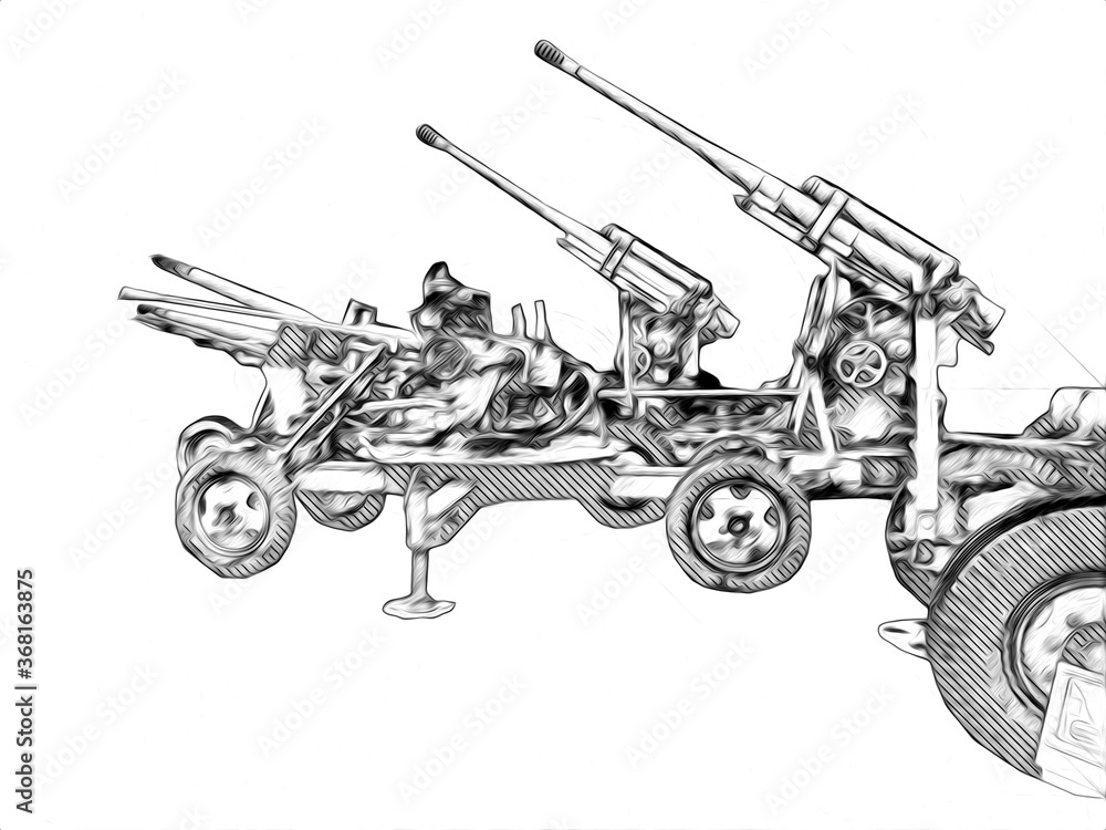 anti aircraft gun art illustration military drawing sketch Stock 
