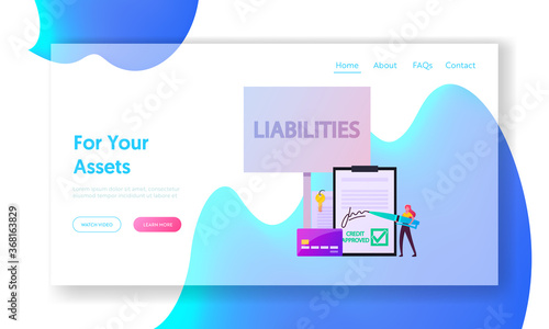 Liabilities Landing Page Template. Tiny Woman Sign Debentures Document Stand at Huge Credit Card. Unprofitable Property