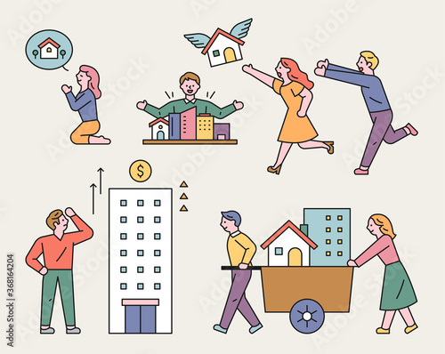 People are collecting real estate property. flat design style minimal vector illustration.