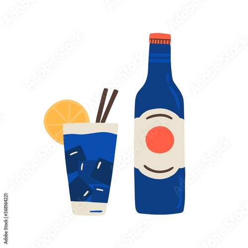 Cuban rum bottle, fresh mineral water, glass of soda, cocktail with ice cubes, lemon, straws. Fizzy refreshing drink or alcohol beverage. Flat vector cartoon illustration isolated on white background