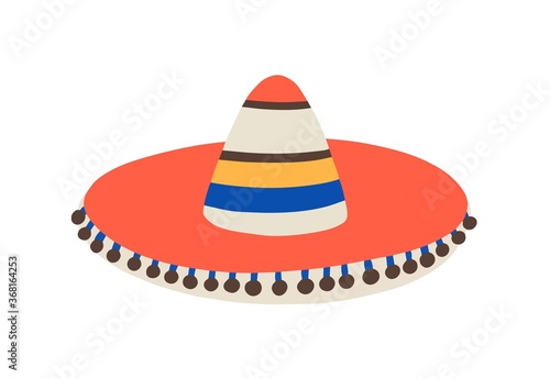 Cuban or mexican sombrero, traditional or folk hat. Hispanic carnival or fiesta. Colorful striped party accessory bright decorated. Flat vector cartoon illustration isolated on white background