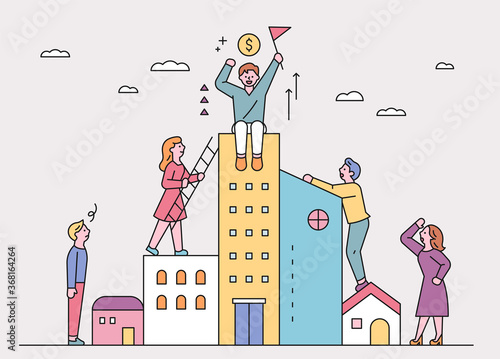 People are trying to climb onto a taller building. flat design style minimal vector illustration.
