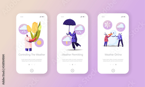 Freezing Spring and Climate Change Mobile App Page Onboard Screen Template. Tiny Characters Walking with Flowers, Snow