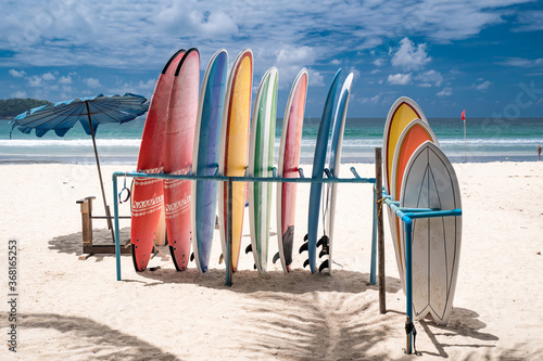 Photography surfboard on the white sand beach, tropical time
