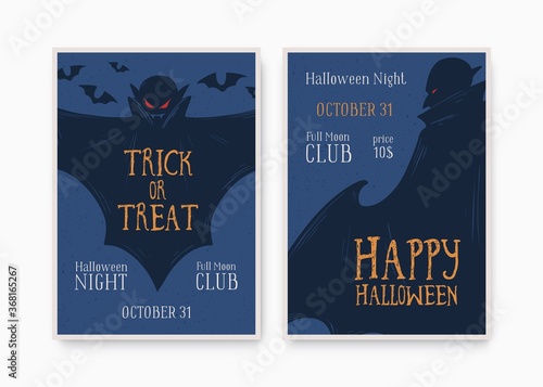 Halloween party invitation, poster, template with place for text. All saints day holiday masquerade creepy flyer. Helloween design layout. Bat, vampire. Hand drawn vector illustration