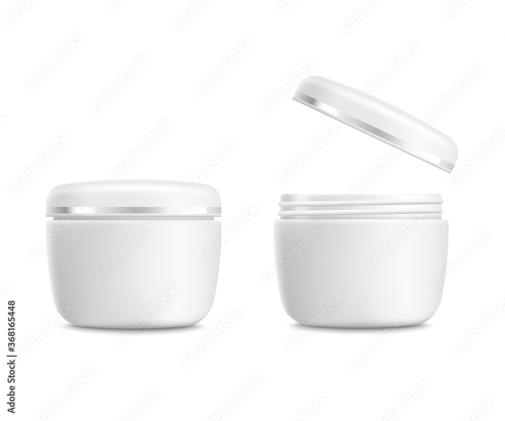 White plastic can of cream with the lid or cap open and closed. White plastic can of cream with the lid or cap open and closed.
