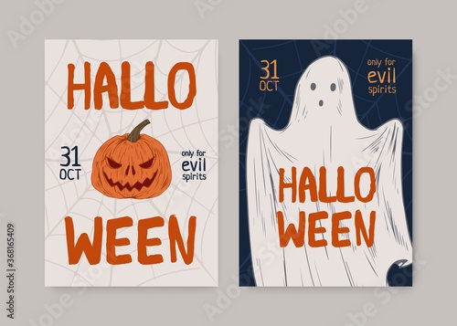 Halloween party poster, flyer with place for text. All saints day holiday. Masquerade creepy invitation, template. Helloween advertising design layout. Hand drawn vector illustration