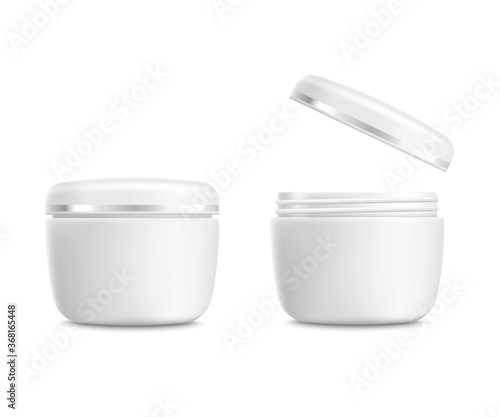White plastic can of cream with the lid or cap open and closed.