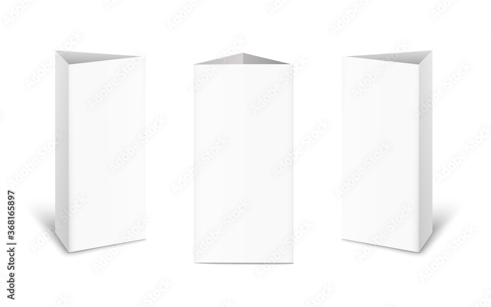 Set of three white empty tent cards made of paper for the table in different views. Set of three white empty tent cards made of paper for the table in different views.