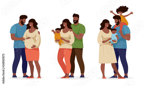 A set about family and childbirth. Black afro family with children, husband and pregnant wife. Mom and Dad are standing with the newborn. Flat vector illustration. Cartoon design