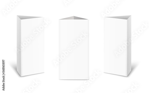 Set of three white empty tent cards made of paper for the table in different views.