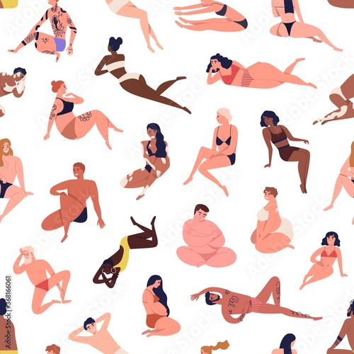 Different figure, multiracial body positive people in beachwear. Pregnant, tattoo, dark skin, fat men, women. Seamless,  endless pattern. Flat cartoon vector illustration isolated on white background