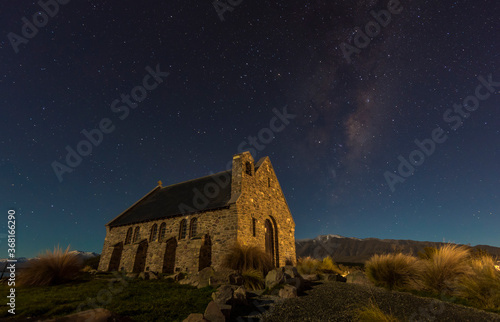 Church of the Good Shepherd under a sky full of stars