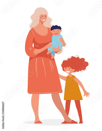 Young beautiful woman with two children. Concept of motherhood, parenthood, single mother, happy childhood. Mom stands with her daughter and son in her arms. Cartoon vector illustration