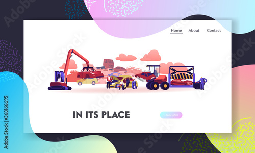 Car Dump Landing Page Template. Crane Grabbing Old Car for Recycling, Automobile Utilization Characters Dismantling Auto