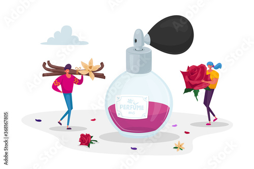 Fragrance, Toilet Water, Aroma, Perfumery. Tiny Perfumers Holding Huge Ingredients for Creating New Perfume Composition