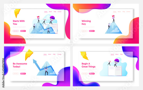 Characters New Heights, Team Work Landing Page Template Set. Business People Climbing on Mountain Peak, Walking on Rope
