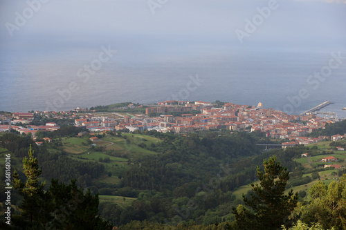 View of the port city of Bermeo from the mountains in the Basque Country, Spain