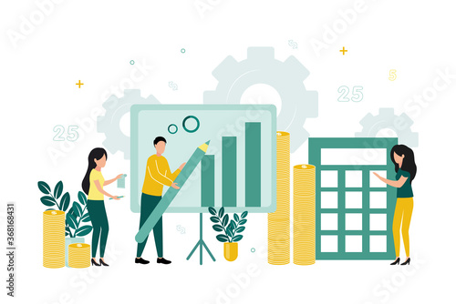Finance. Vector illustration of econometrics. A man with a pencil near a blackboard with a graph, next to a woman with a document, a girl counts on a calculator, stacks of coins
