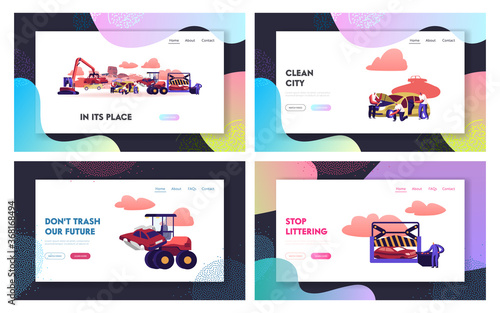 Car Dump Landing Page Template Set. Industrial Crane Grabbing Old Car for Recycling, Utilization Auto for Scrap Metal