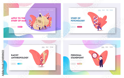 Ancient Anthropology Studying Landing Page Template Set. Tiny Characters Measuring Huge Human Skull Paleolithic Research