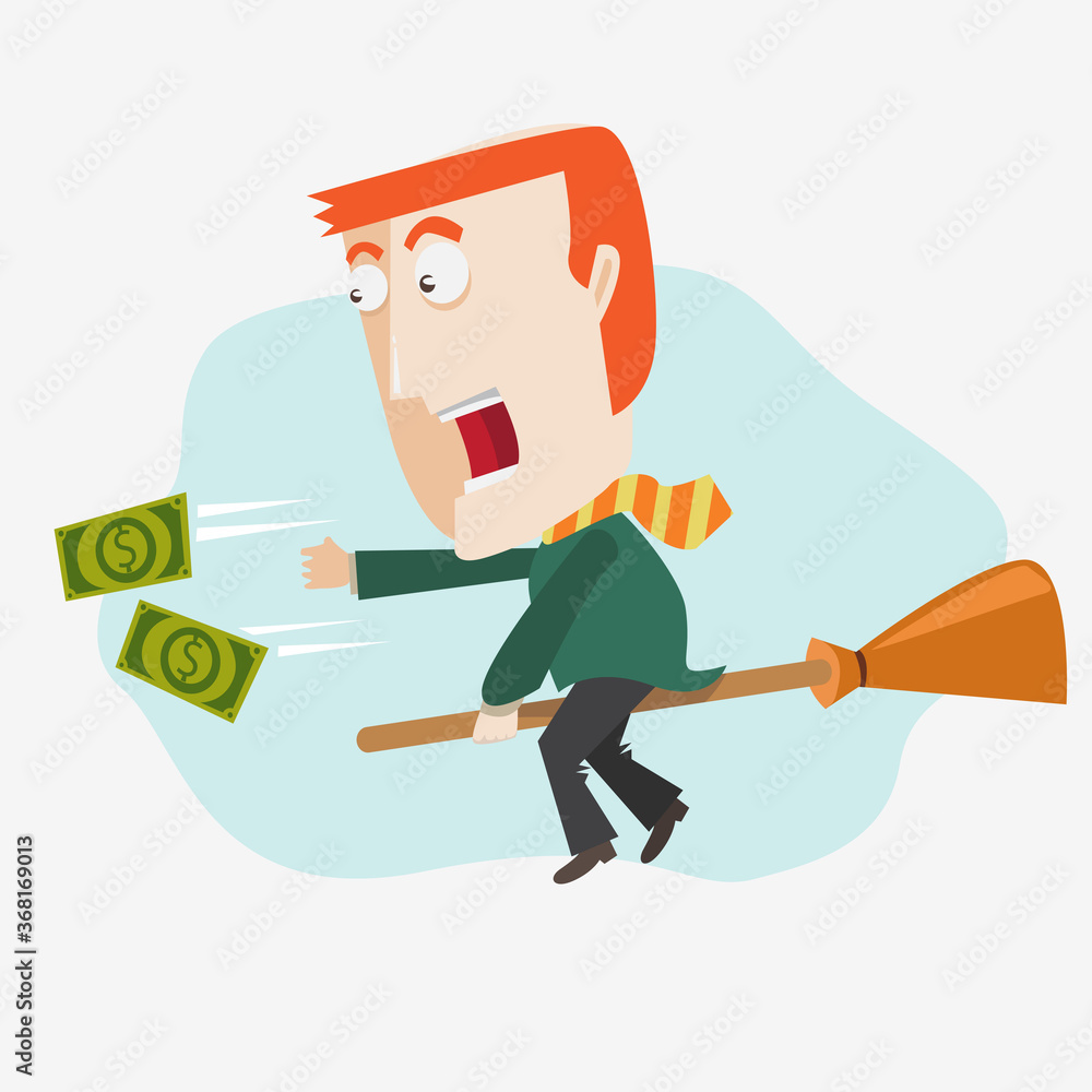 a young man ride flying broom to chase money flat illustration 