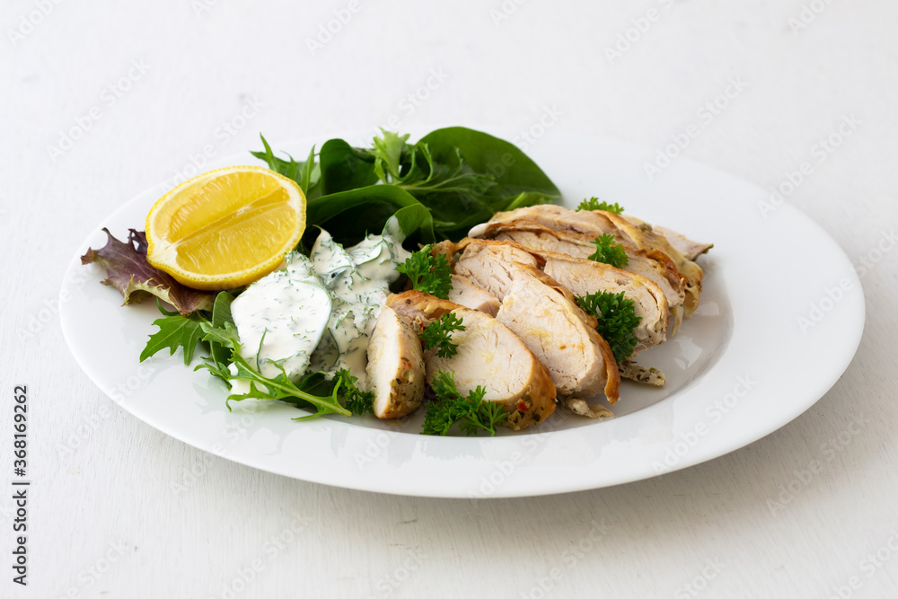 Greek Style Chicken with Salad and Tzatziki Sauce Greek Style Chicken with Salad and Tzatziki Sauce