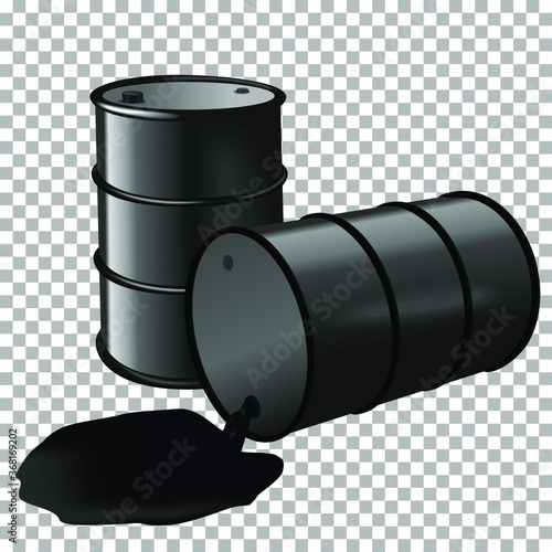 Barrel with spilled black liquid on transparent background